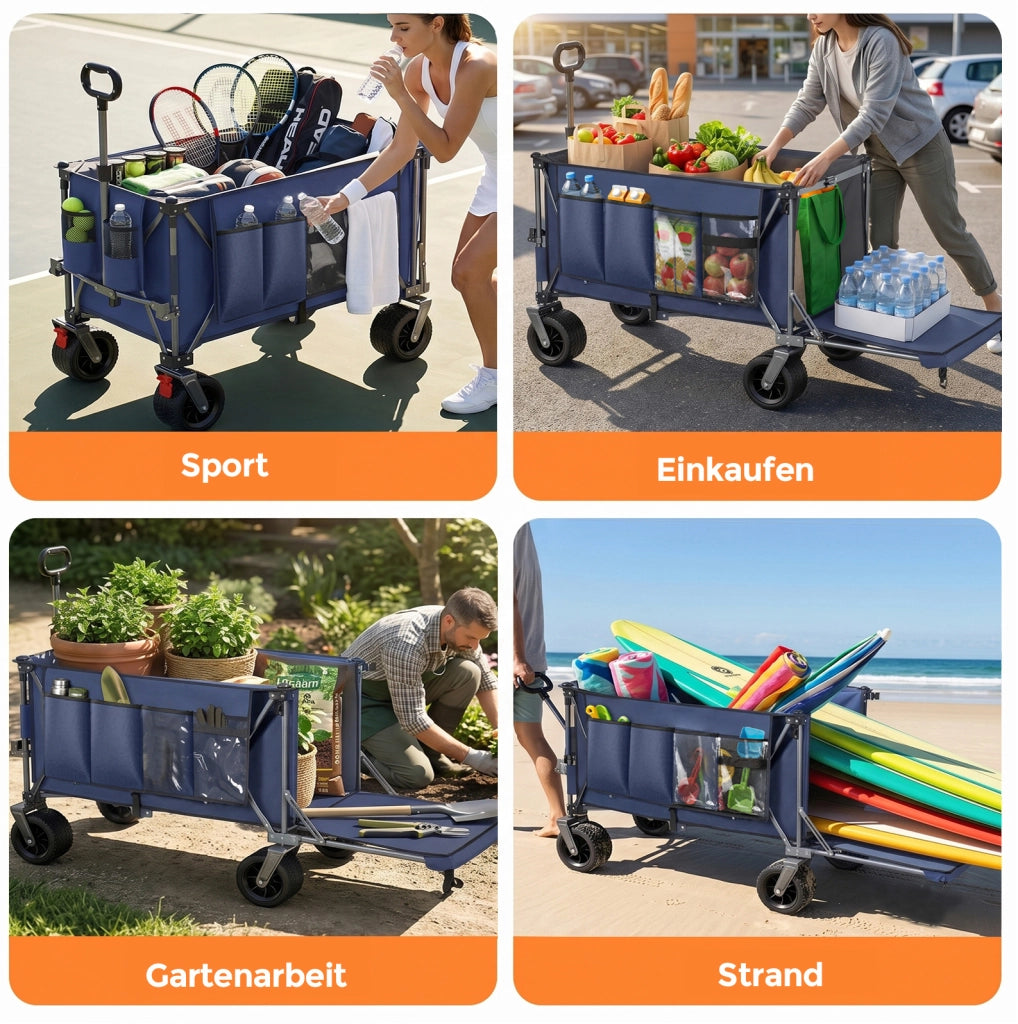 Carrello pieghevole blu con sponda estensibile e ruote da terreno
