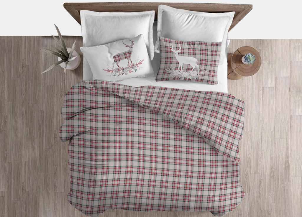 Copripiumino Sacco Piumone Cotone Flanella Pensieri Delicati Dis. Tartan Cervo - Singolo - Rosso