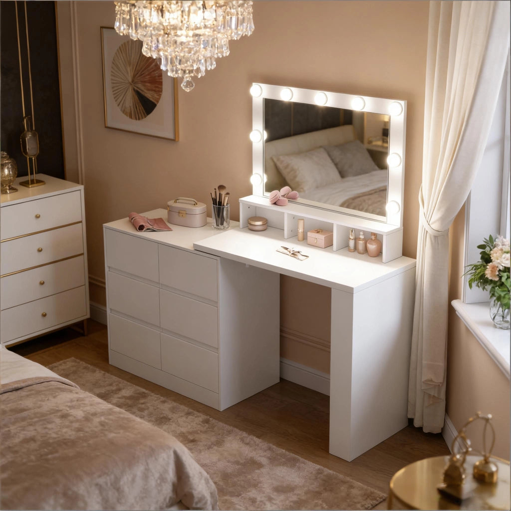 Tavolo multifunzione 2-in-1 a forma L; 6 cassetti grandi; specchio LED regolabile; utilizzabile come scrivania; solo tavolo