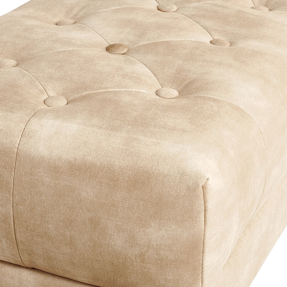 Panca Beige Tessuto imbottito Velluto Accento di metallo Gambe d'oro Panca da letto Sgabello