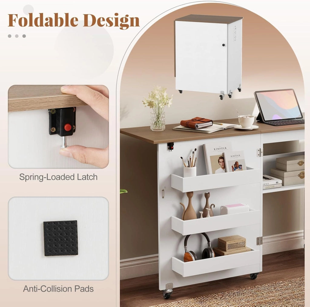 Tavolo da Cucito Pieghevole con Ruote, Mobile per Macchina da Cucire con 4 Ripiani Aperti e Ampio Piano di Lavoro, Ideale per Soggiorno, Camera da Letto e Sala Hobby (Bianco+Naturale)