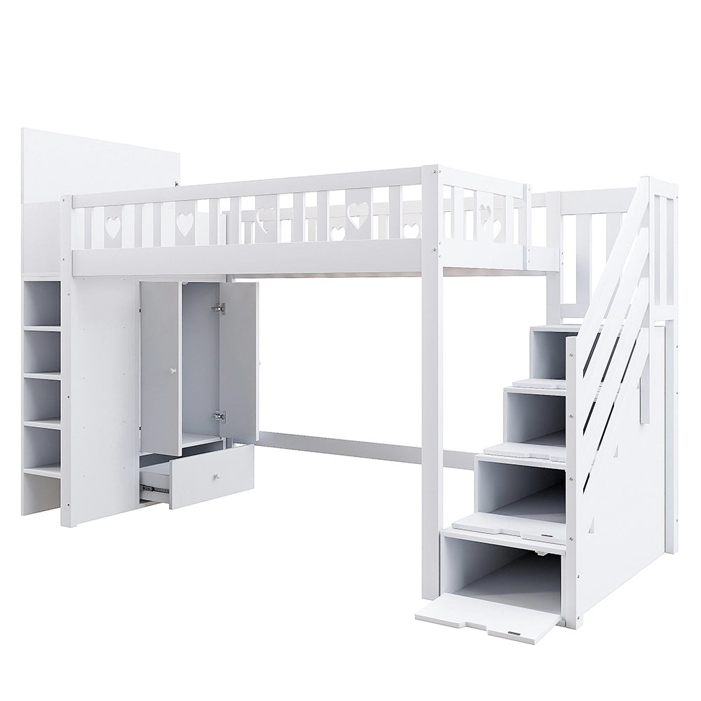 Letto mezzanino 90x200cm - Xylo - bianco, scala-ripiano, balaustra cuore