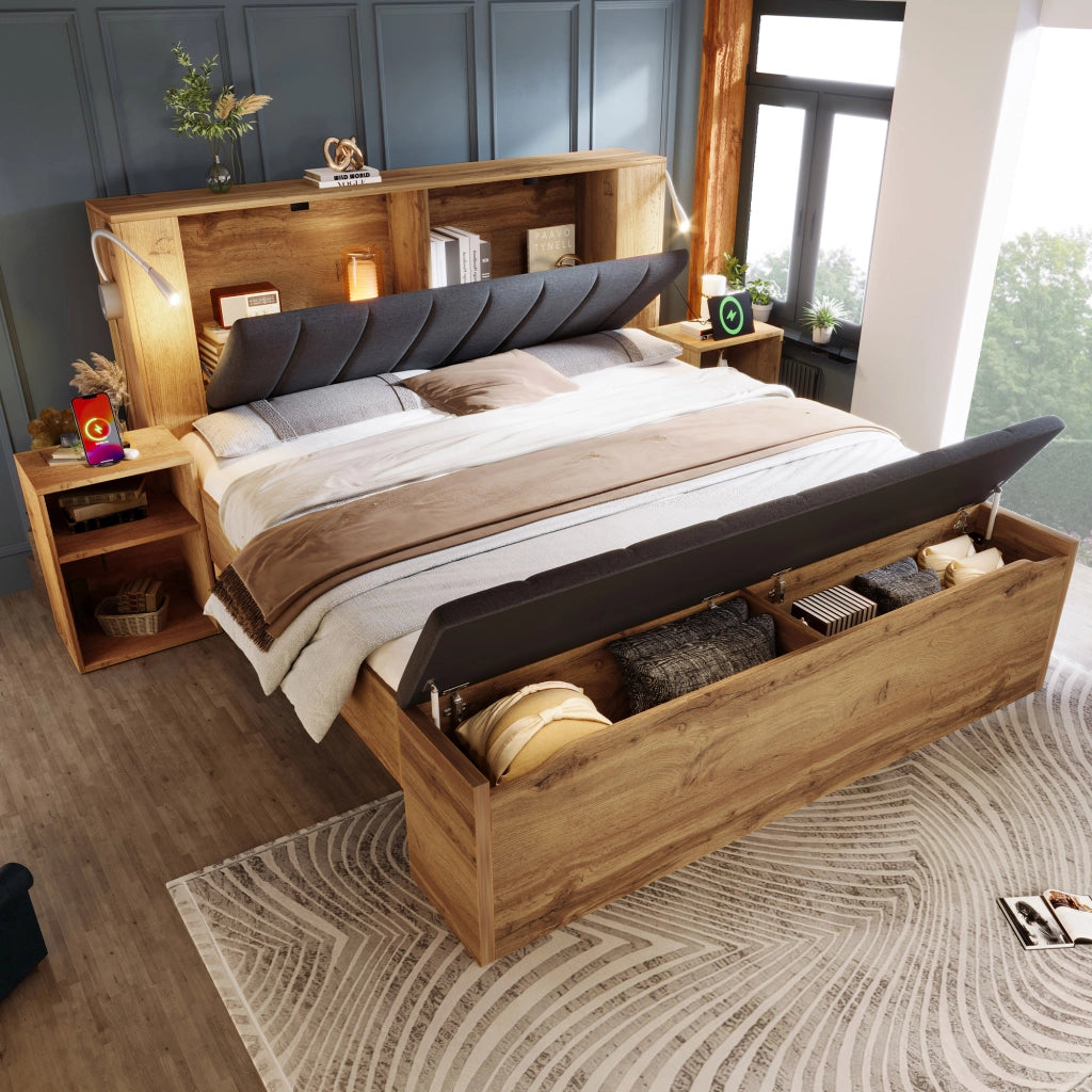 OKWISH Letto Contenitore 160×200 cm, Letto Matrimoniale con Lampade da Lettura, USB, 2 Comodini e Panca Contenitore, senza Materasso