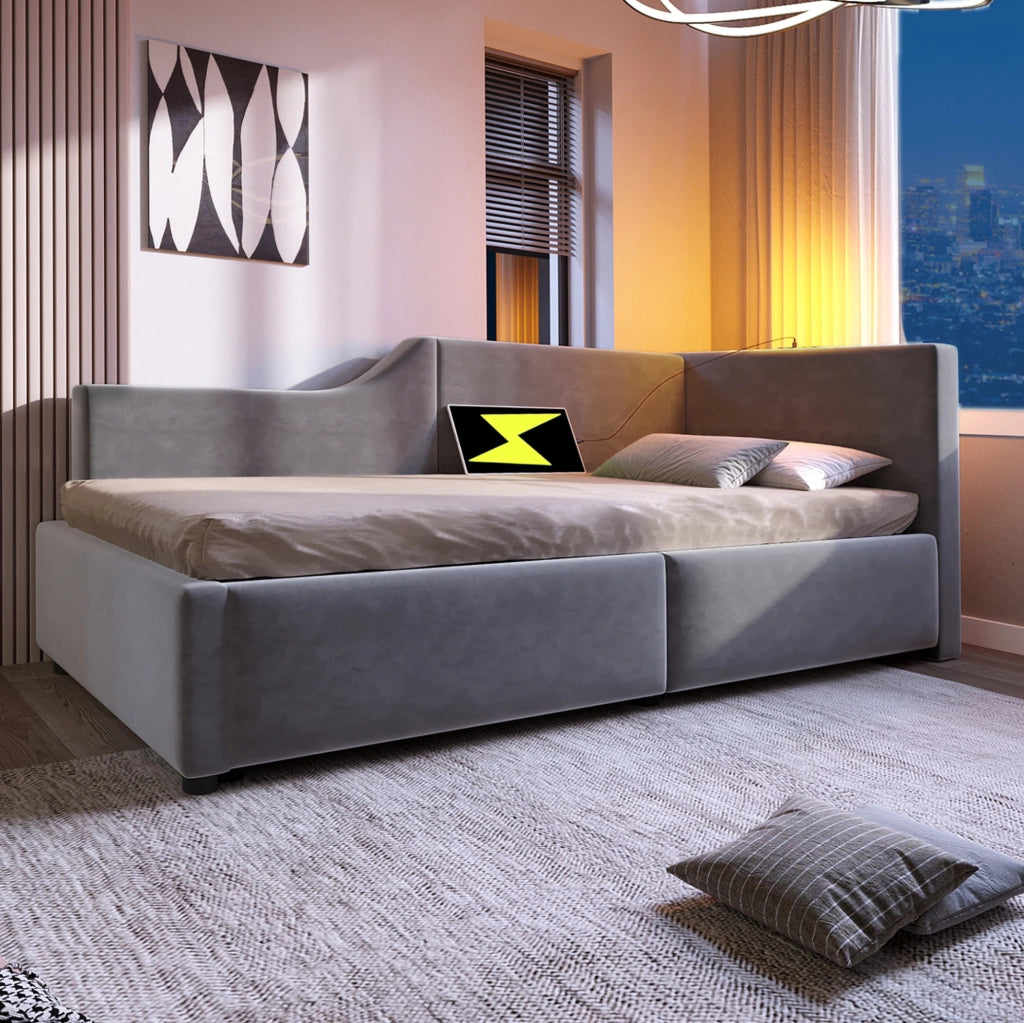 Daybed 90x190 cm in velluto grigio con vano contenitore, luce e USB-C