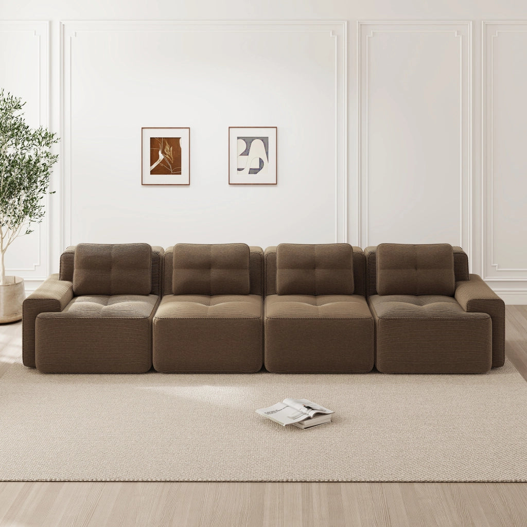 Divano modulare 4 posti in velluto a coste; seduta profonda 74 cm; base antiscivolo; marrone