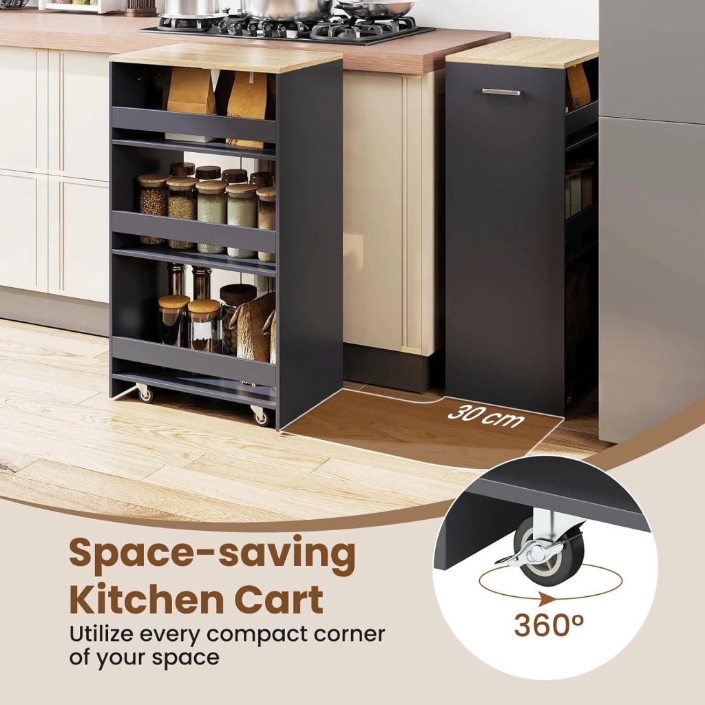 Carrello per Nicchia con Ruote, 4 Livelli，Carrello di Servizio Stretto Salvaspazio, da Bagno, Scaffale da Cucina Sottile 47,5 x 13 x 80,5 cm (Naturale+Grigio, Largo 30 cm)