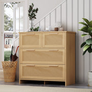 OKWISH Comò in Rattan con 4 Cassetti e Dispositivo Antiribaltamento, per Camera o Ingresso, MDF, Naturale, 80 × 38 × 80 cm
