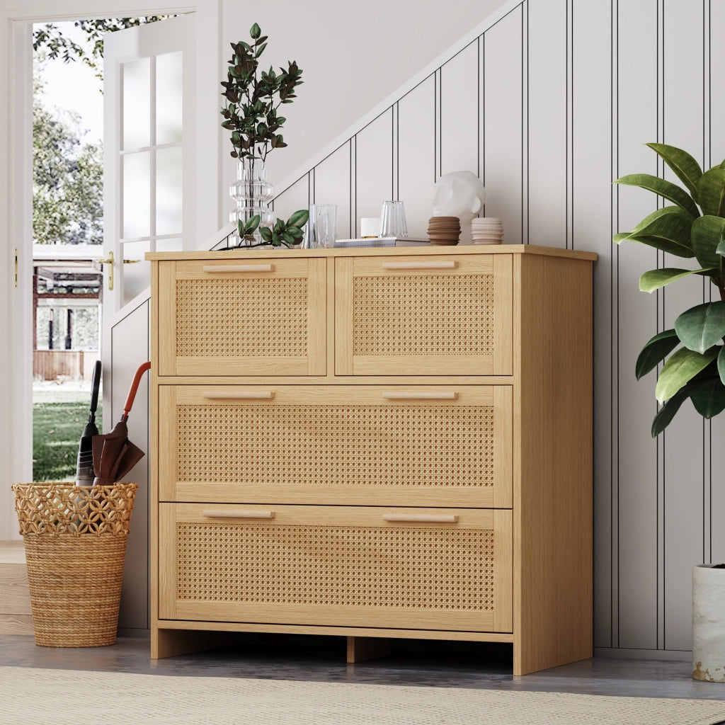 OKWISH Comò in Rattan con 4 Cassetti e Dispositivo Antiribaltamento, per Camera o Ingresso, MDF, Naturale, 80 × 38 × 80 cm