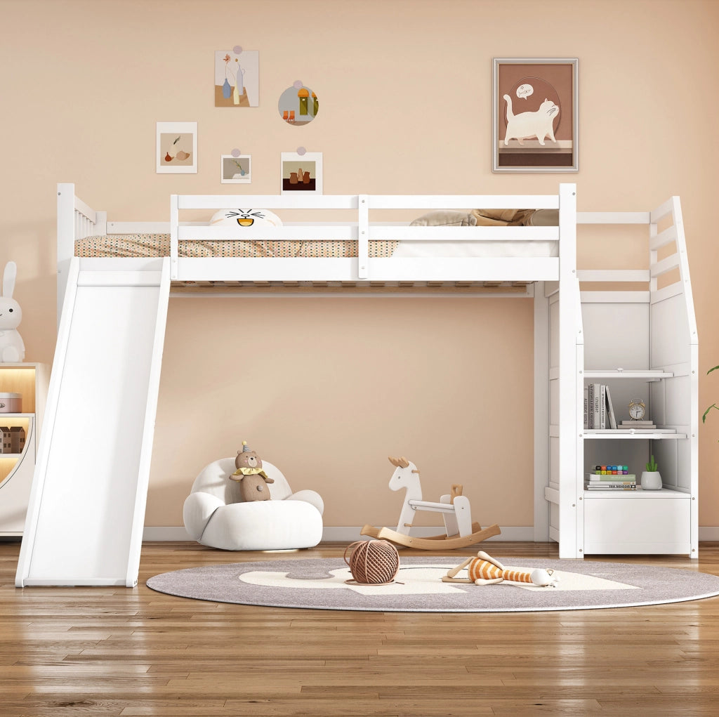 Letto a soppalco 90x200 cm con scivolo e scala portaoggetti in legno bianco
