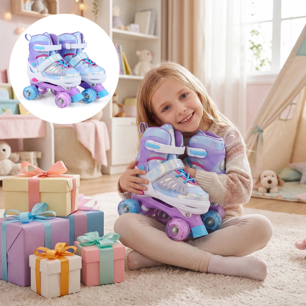 Pattini a rotelle per bambina con diversi strati protettivi e 4 ruote luminose con freno, Pattini a rotelle regolabili in 4 taglie Blu M