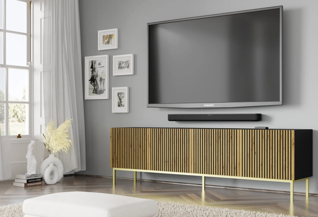 MOBILE RAVENNA F PORTA TV IN MDF VERNICIATO 4D 200 NERO OPACO ROVERE ARTIGIANALE STRUTTURA ORO