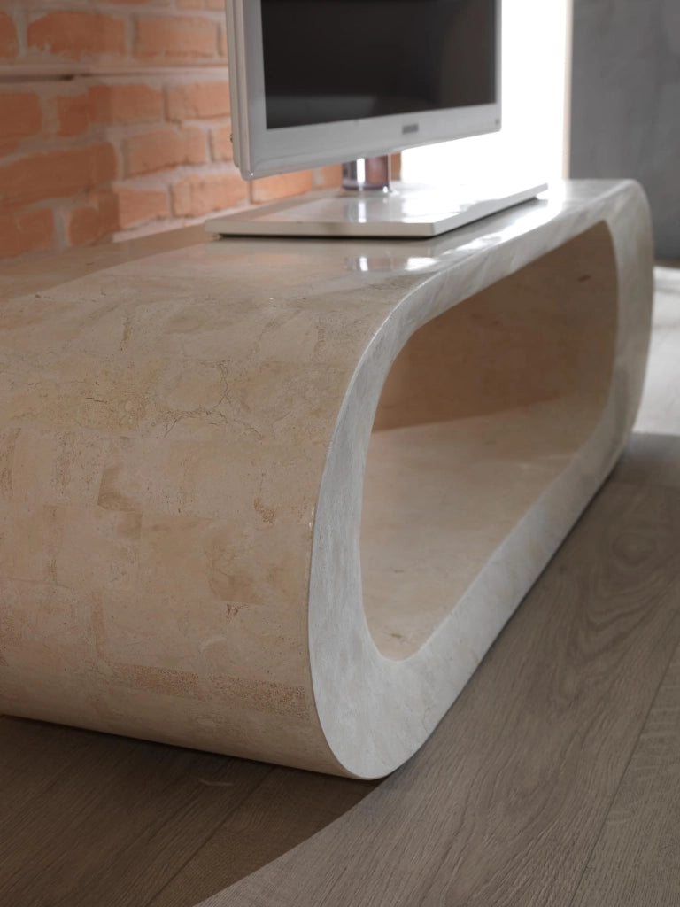 Tavolino Sandu da soggiorno in pietra fossile White Agata con struttura in compensato marino rinforzato - Design elegante beige 120cm