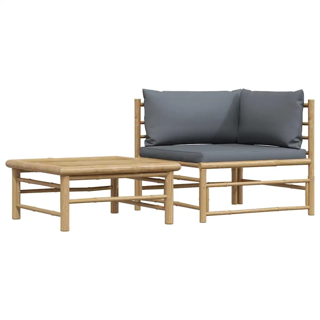 Set Divani da Giardino 2 pz con Cuscini Grigio Scuro in Bambù