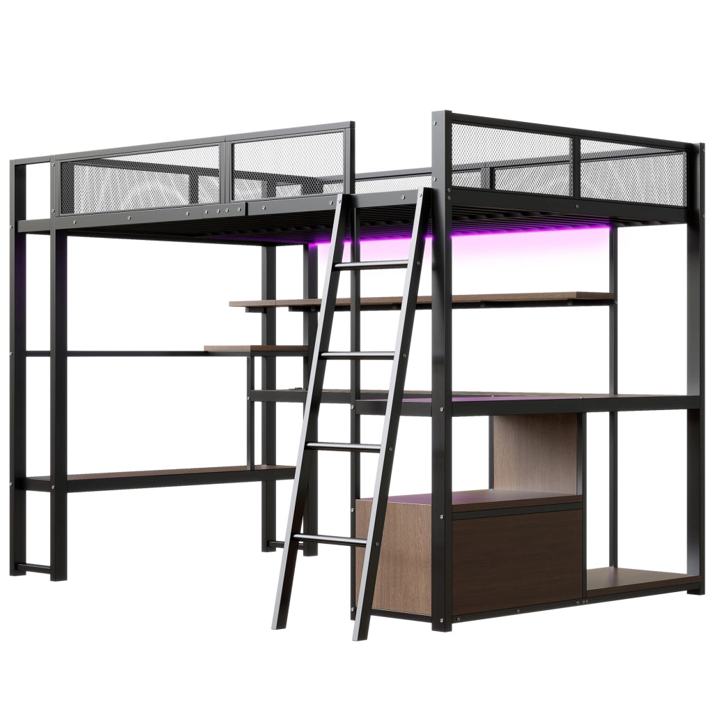 Letto a soppalco 140x200 cm con scrivania; LED e contenitore in MDF e metallo nero