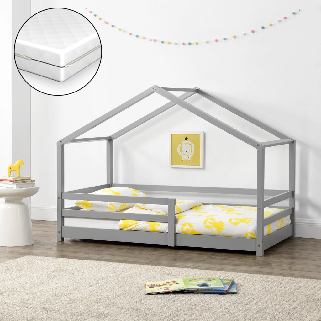 Letto per Bambino a Forma di Casetta con Barriere di Sicurezza e Materasso Ortopedico 70 x 140 cm Lettino in Legno di Pino con Sponde - Grigio Chiaro