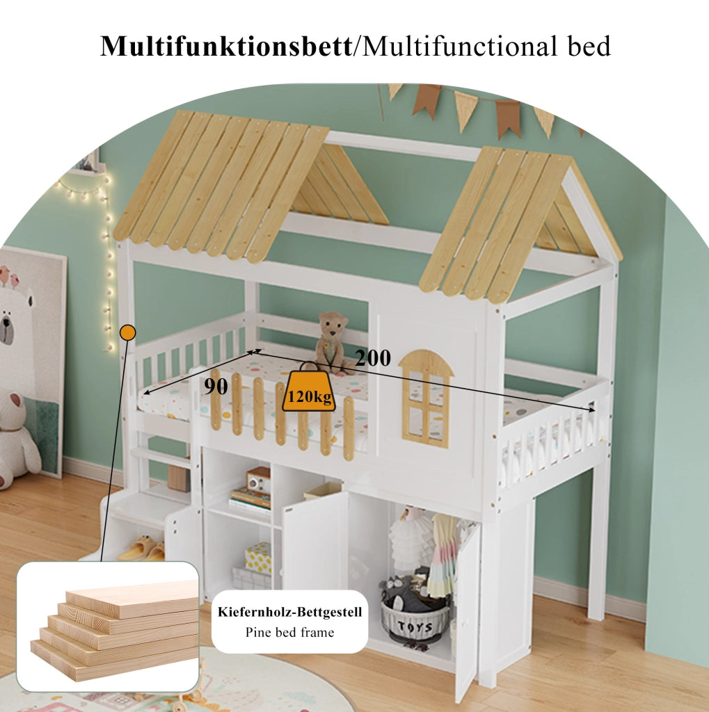 Letto a soppalco per bambini 90x200 cm con armadio