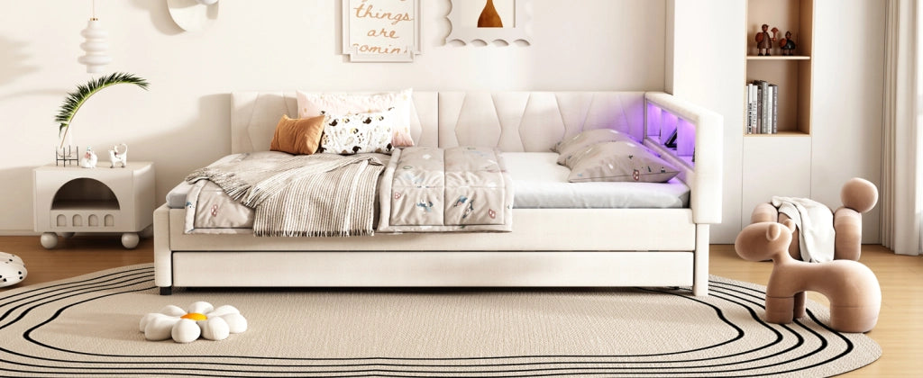 DESMIU Divano letto 140 × 200 cm 2 posti con USB, Type-C, LED, ripiani, senza materasso, in lino e MDF, beige