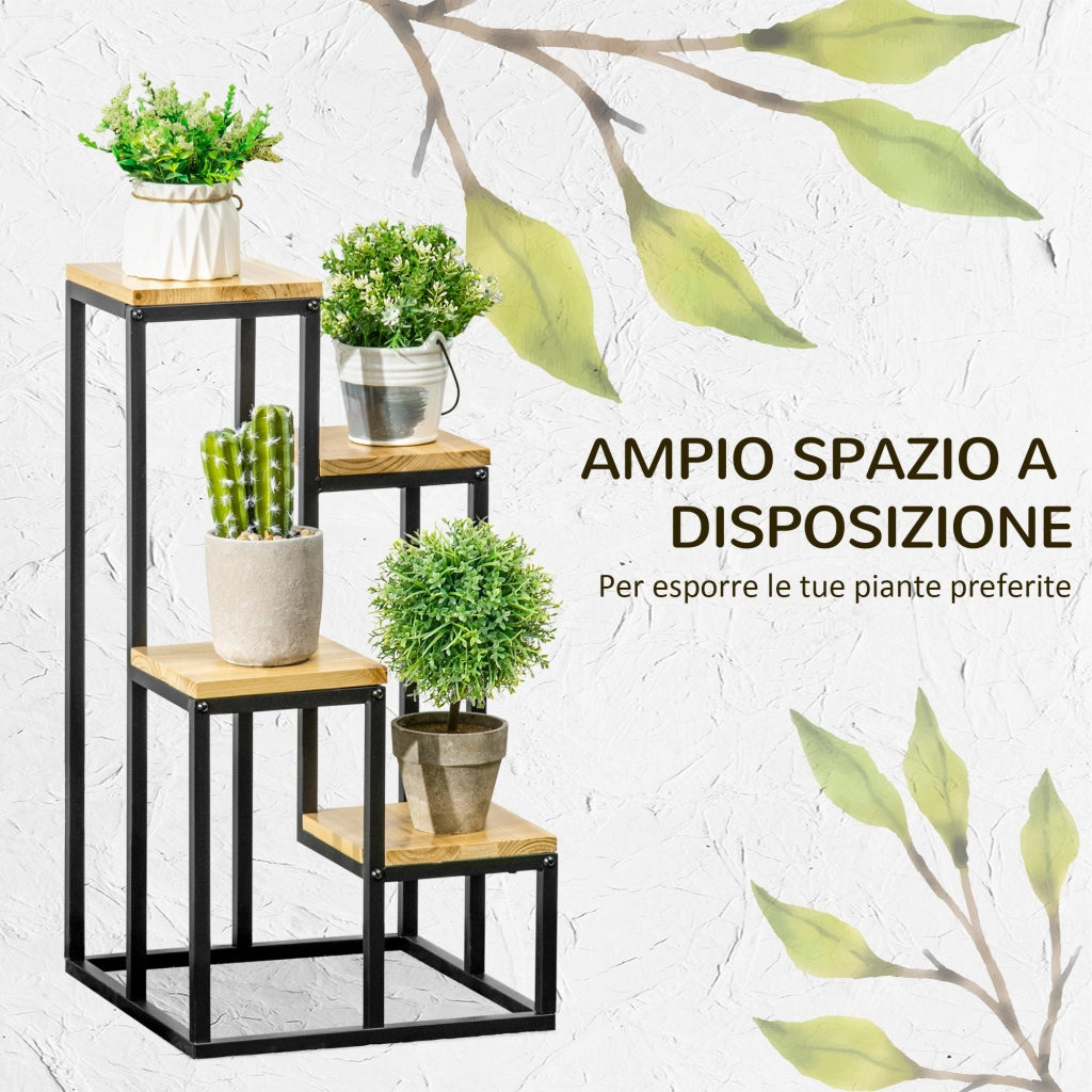 Scaffale per Piante a 4 Livelli 34x34x66 cm per Interni ed Esterni in Metallo e Legno