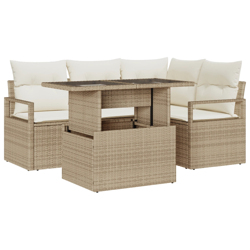 Set Divano Giardino a 5 Pezzi con Cuscini Beige Poliratann