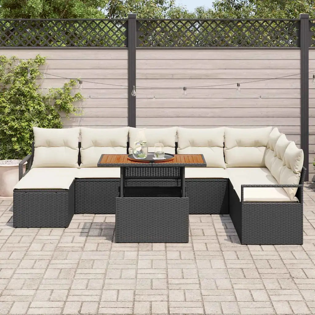 Set Divano da Giardino con cuscino 9 pcs Nero e Crema