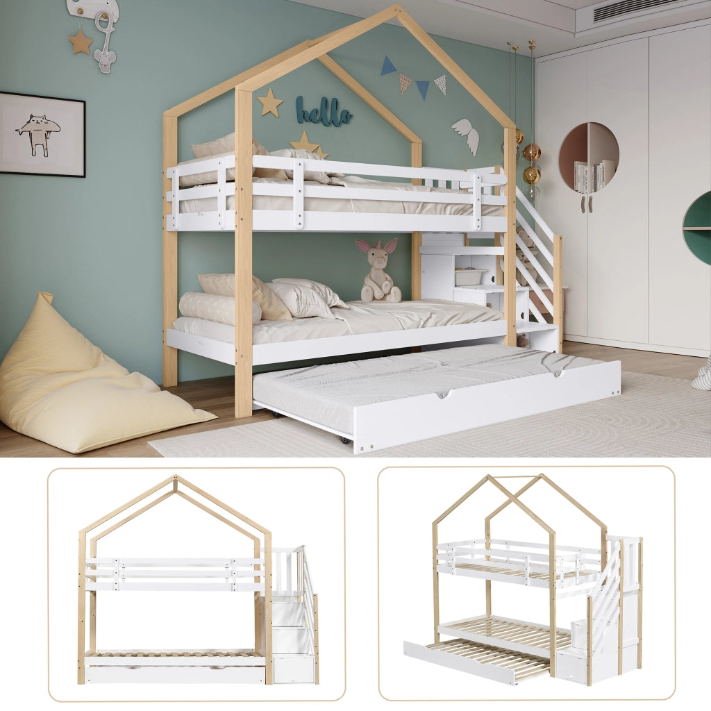 Letto a Castello Estraibile 90x200 cm e 90x190 cm; Letto 3 Posti; con Scala con Cassetti - in Legno e MDF - Bianco Naturale