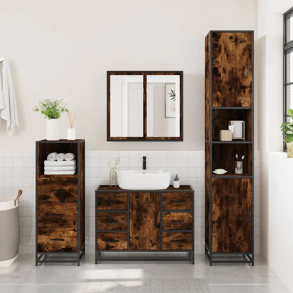Set Mobili da Bagno 3 pz Rovere Fumo in Legno Multistrato