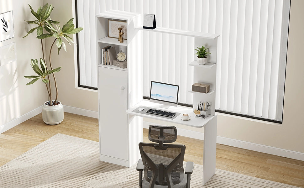 Scrivania multifunzione con armadietto e ripiani, design moderno, 123,5 x 45 x 168,5 cm, bianco