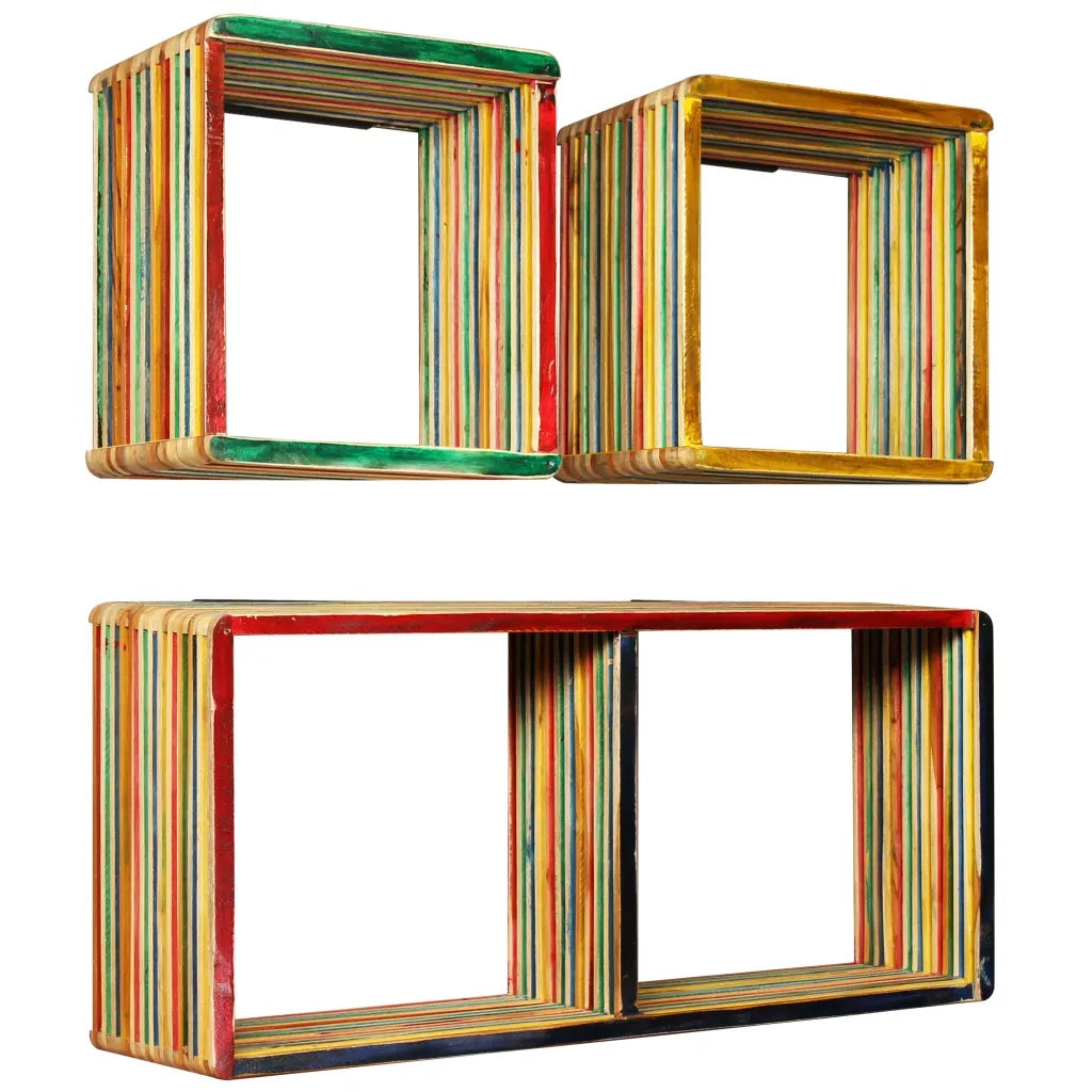 3 pz Set di Mensole | Ripiano | Scaffale in Massello di Teak di Recupero Multicolore