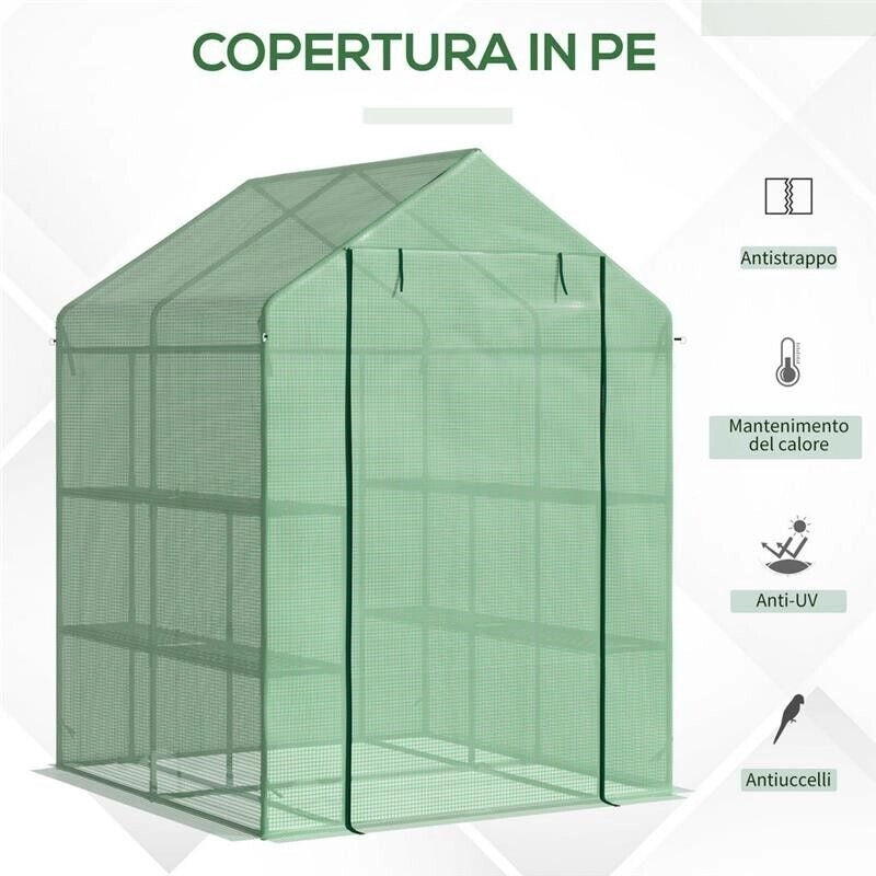 SERRA DA GIARDINO CON SCAFFALI, COPERTURA IN PE E PORTA AVVOLGIBILE, 143X138X190 CM, VERDE