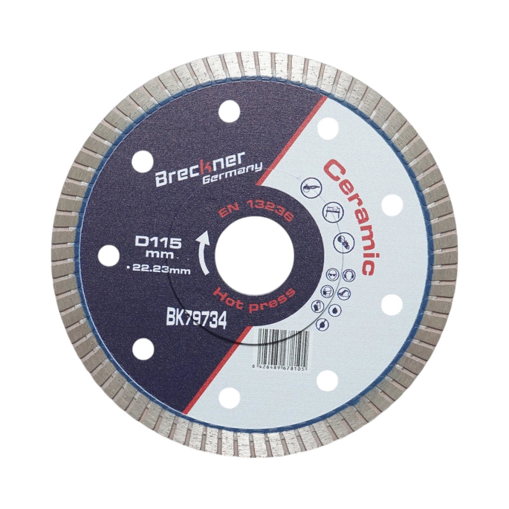 Disco diamantato turbo 115x22,23 mm, segmento 8 mm per piastrelle, maiolica, ceramica dura, marmo, granito Breckner Germany