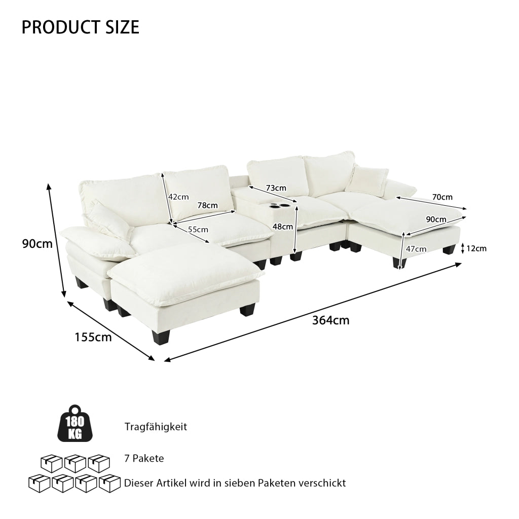 Divano panoramico a U modulare con contenitore portabicchieri USB e pouf removibile in chenille beige 362×151×90 cm