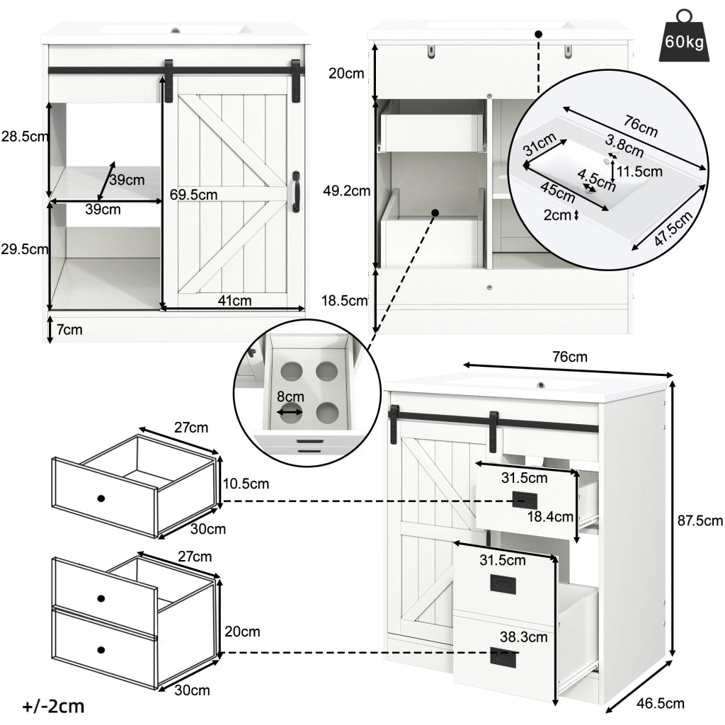 Mobile sottolavabo con lavabo in ceramica e ampio spazio contenitore, per bagno, bianco, 76 × 46,5 × 87,5 cm