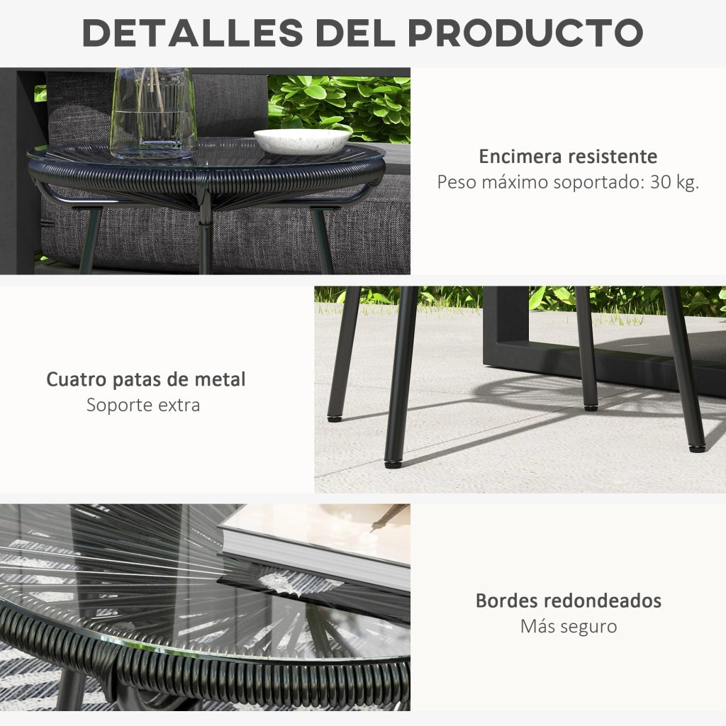 Tavolo da Giardino Rotondo in Rattan Sintetico con Piano in Vetro Temperato ¨C zephmum ¨C Nero ?50x50 cm