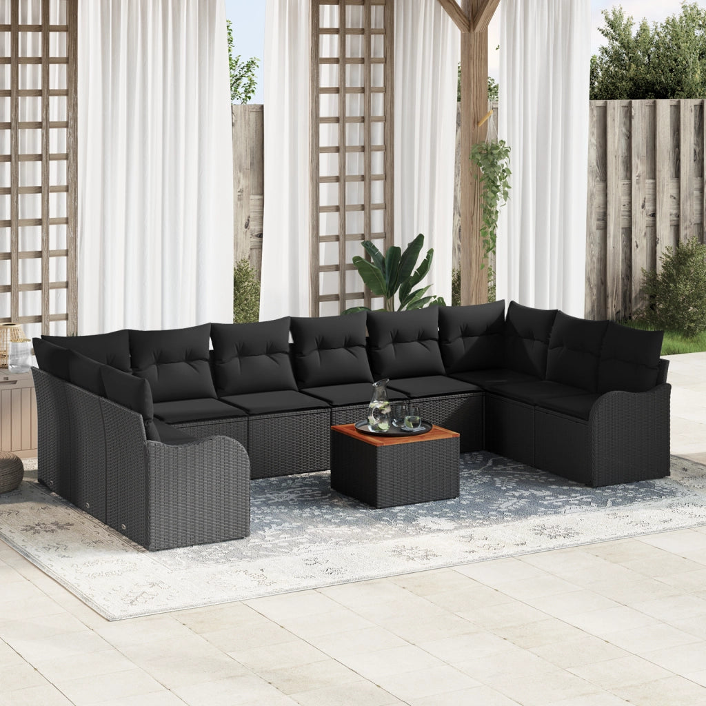 Set Divano da Giardino  da 11 Pezzi con Cuscini Nero Rattan Polietilene Acacia