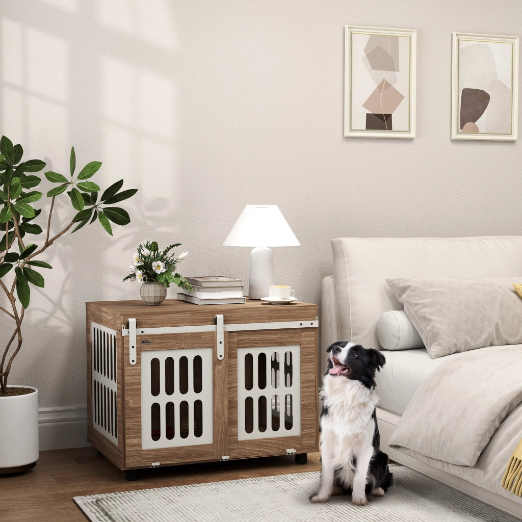 Casa per cani con porta scorrevole ¨C zephmum ¨C 80x59x63 cm, noce