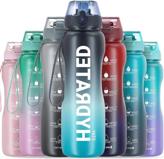 Fles da acqua con imbuto e marcatori di tempo - Biberon sportivo motivante - 500 ml / 800 ml / 1000 ml / 2 l - Resistentente all'abrasione Tritan - Libero da BPA