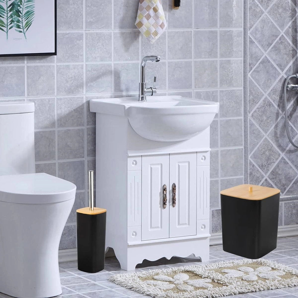 Trade Shop - Set Accessori Bagno In Bambù 6 Pz Moderno Bidone Spazzatura Portasapone Dispenser -