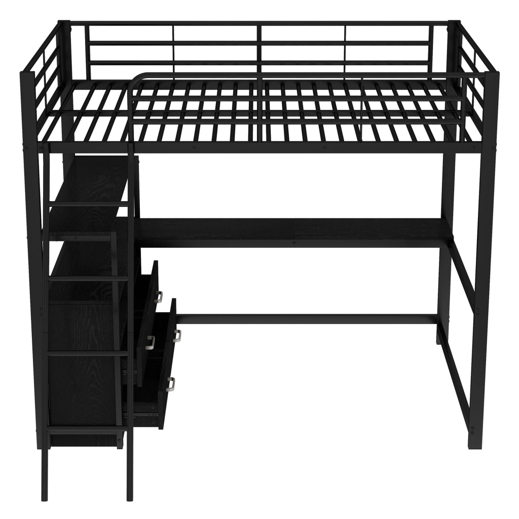 Letto a castello nero in metallo e MDF con scrivania a L e cassetti 140x200 cm