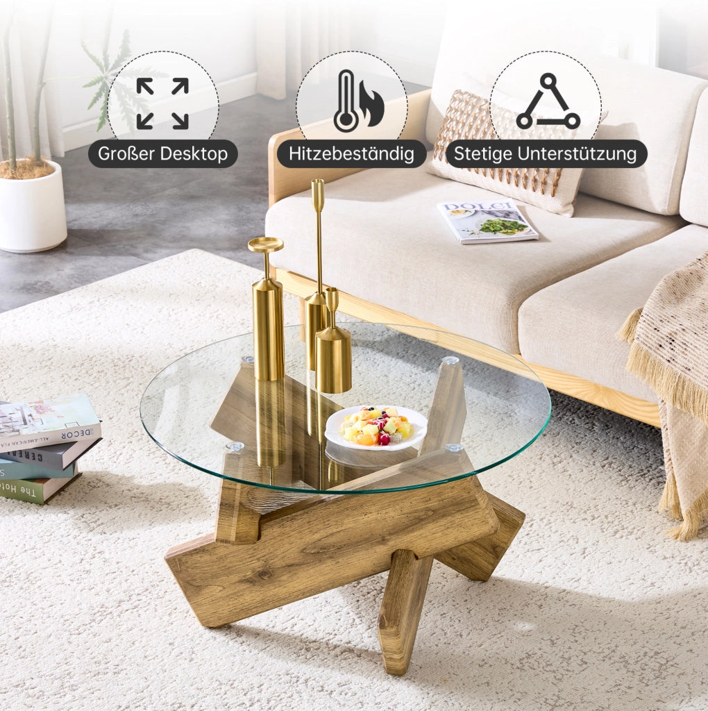 Tavolino da caffè rotondo 79 cm in MDF e vetro trasparente; struttura a croce; colore legno