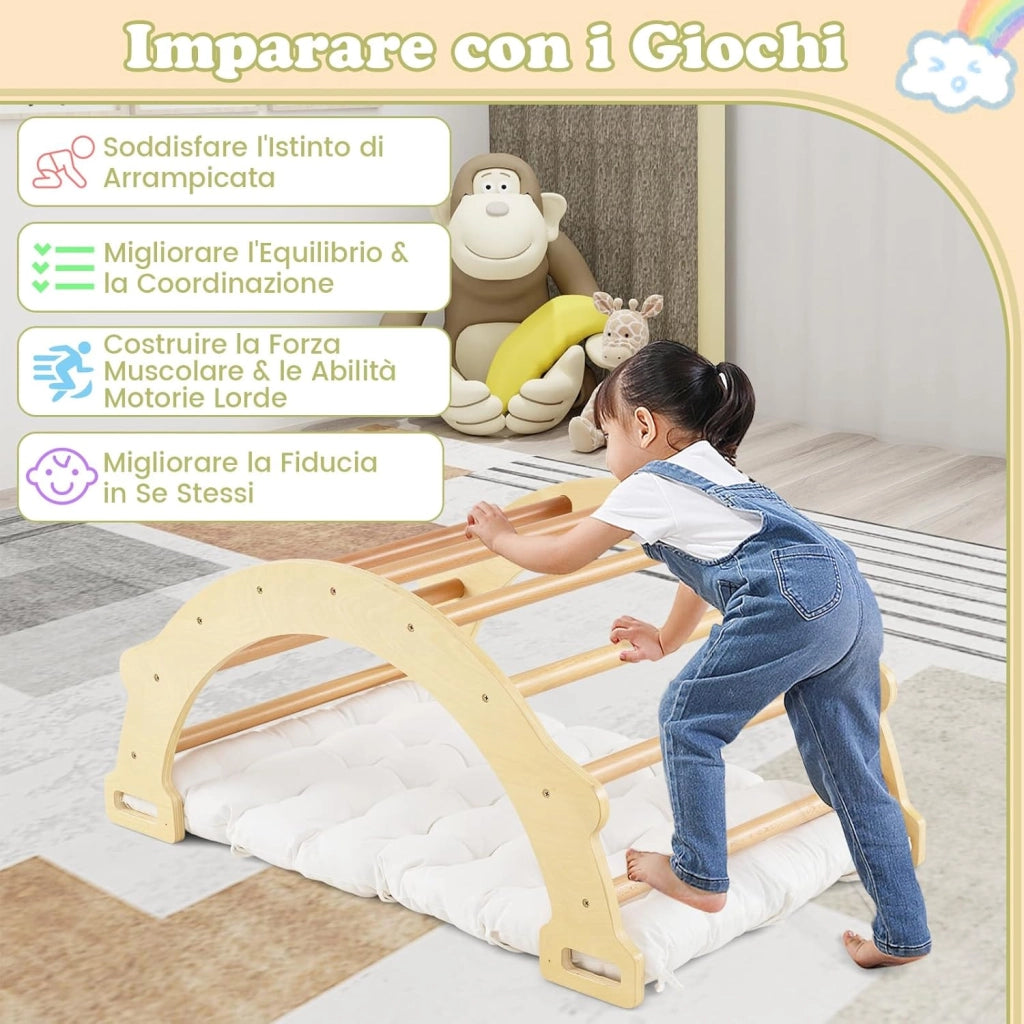 Arco da Arrampicata per Bambini, 2 in 1 Altalena ad Arco in Legno con Cuscino Morbido, Doppia Faccia, Ideale per Bambini 1+ Anni (Naturale)