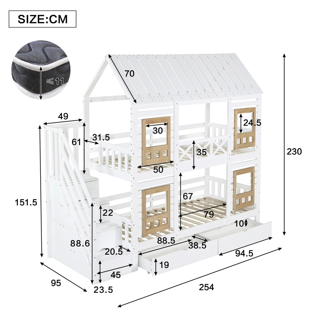 Letto a Castello 90x200 cm; Letto per Bambini - Finestre; 2 Cassetti; Scala 4 Scomparti