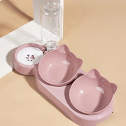 Ciotola per animali con dispensatore di acqua, set 3 in 1 ciotola e dispensatore di acqua inclinabile, adatto per gatti, con bottiglia di acqua gravità alimentata per protezione del collo (rosa).