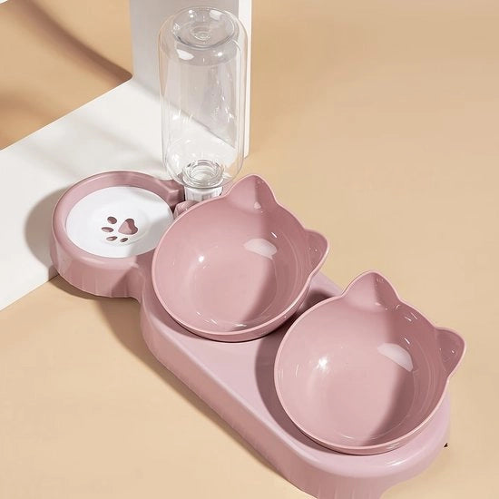 Ciotola per animali con dispensatore di acqua, set 3 in 1 ciotola e dispensatore di acqua inclinabile, adatto per gatti, con bottiglia di acqua gravità alimentata per protezione del collo (rosa).