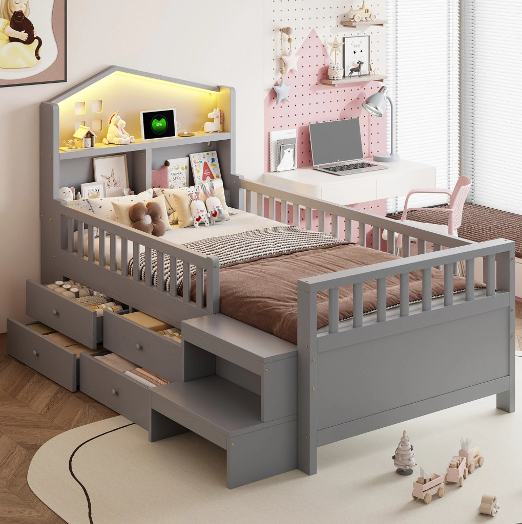 Letto per bambini 90x200 cm con 4 cassetti; LED; USB e Type-C; in legno massello; grigio