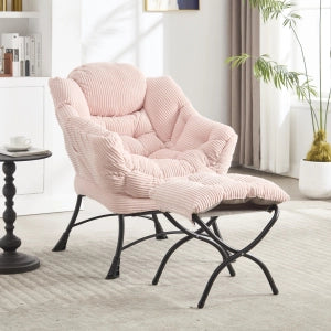 poltrona con pouf; schienale ergonomico; braccioli e tasca laterale; struttura in acciaio rosa