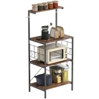 Ripiano da Cucina a 4 livelli, con Piano di Lavoro e 8 Ganci, Marrone e Nero