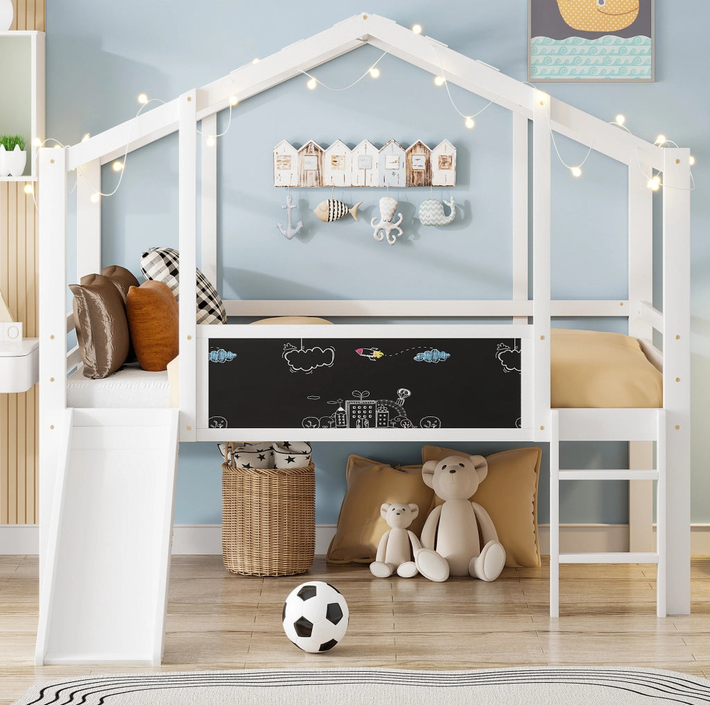 Letto a soppalco per bambini 90x200 cm con scivolo e lavagna