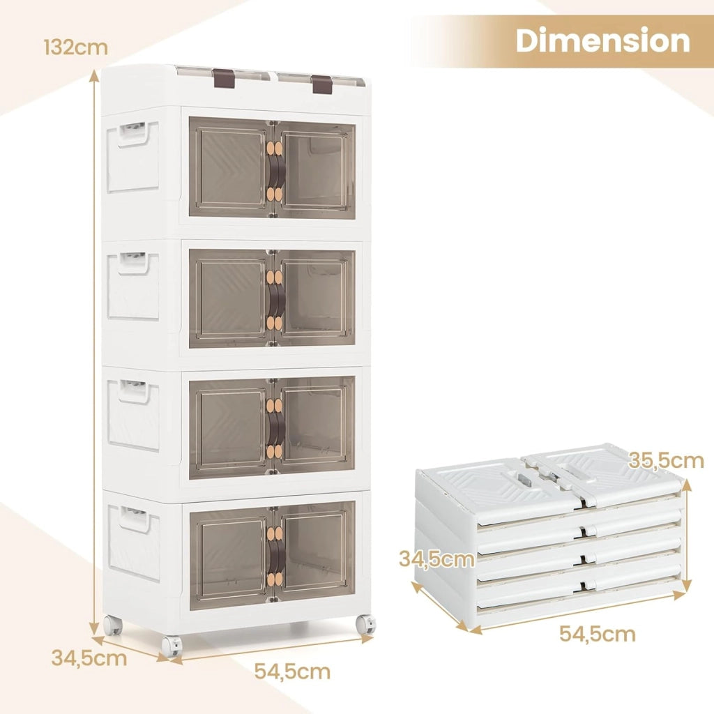 Scatola portaoggetti con coperchio, 210 l, pieghevole, con ruote e porte, 4 pezzi, impilabili, impilabili, in plastica, 54,5 x 34,5 x 132 cm