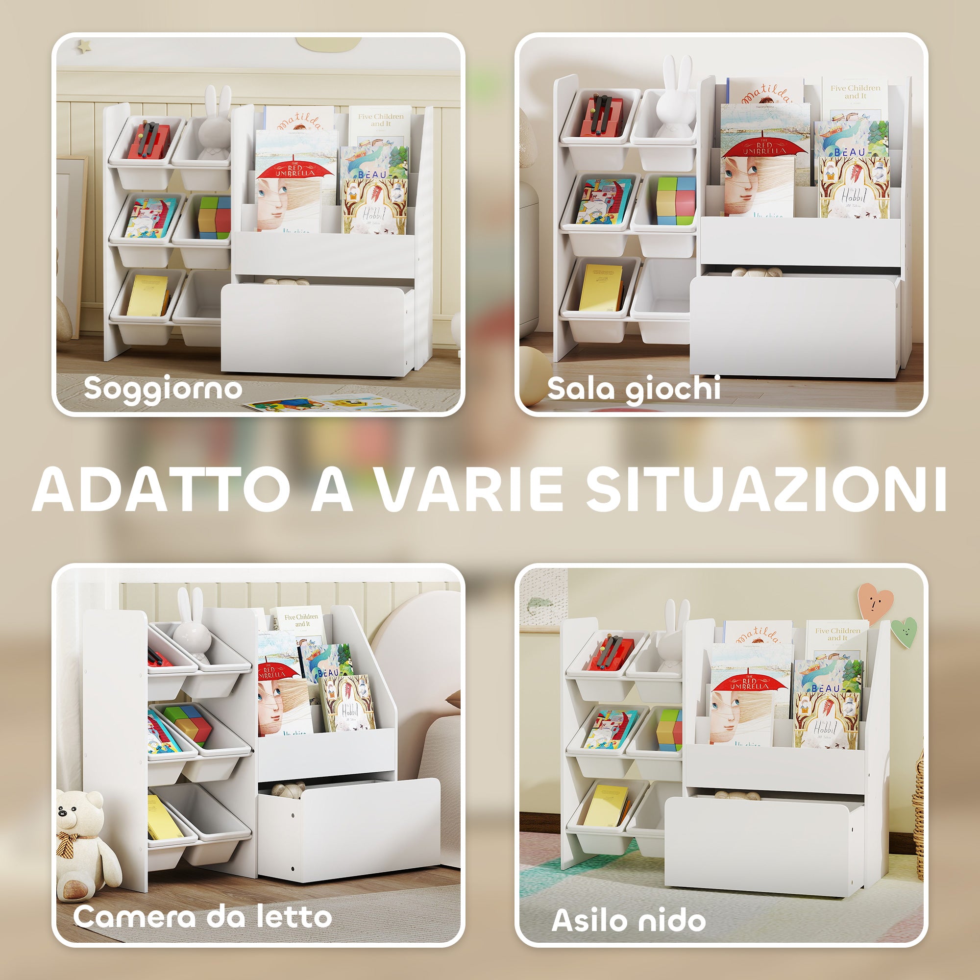 Scaffale Portagiochi 100x30x80 cm con 6 Cesti 3 Ripiani e Box Inferiore in Legno, Plastica e Acciaio Bianco