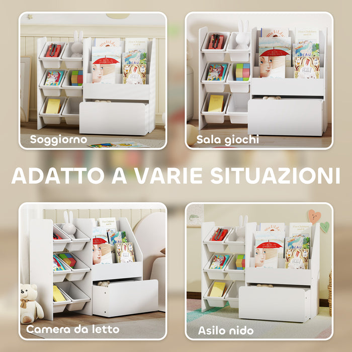 Scaffale Portagiochi 100x30x80 cm con 6 Cesti 3 Ripiani e Box Inferiore in Legno, Plastica e Acciaio Bianco